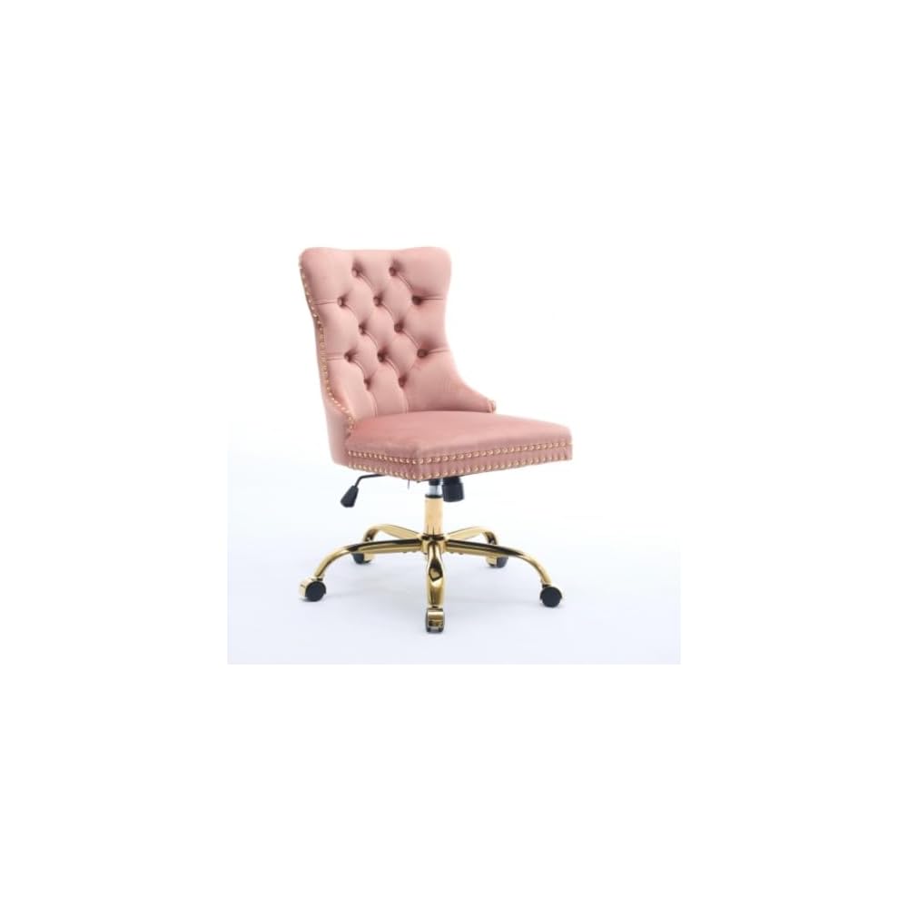 Velvet Home Office Desk Chair with Wheels & Gold Base, Cute Makeup Vanity Chair with Tufted Back for Women Girls, Upholstered Adjustable Swivel Armless Office Chair for Bedroom (Pink)
