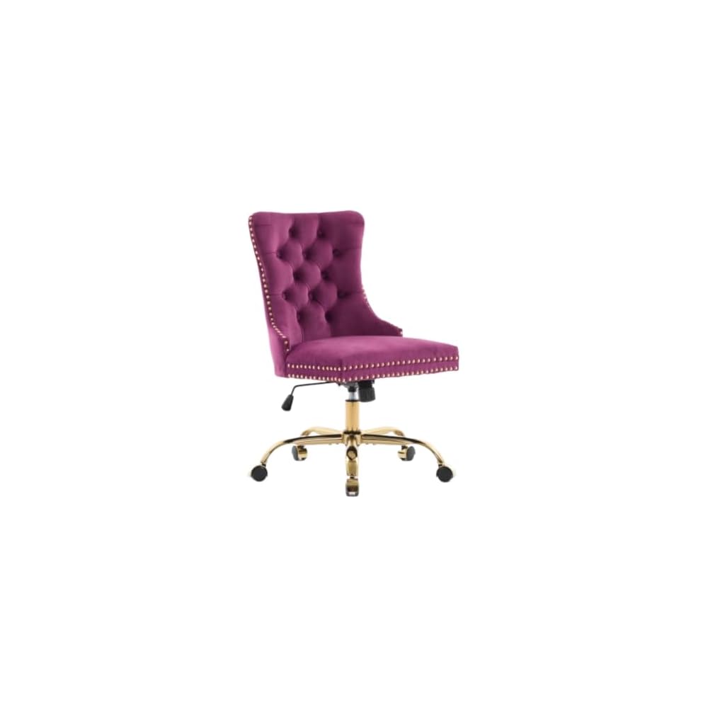 Velvet Home Office Desk Chair with Wheels & Gold Base, Cute Makeup Vanity Chair with Tufted Back for Women Girls, Upholstered Adjustable Swivel Armless Office Chair for Bedroom (Pink)