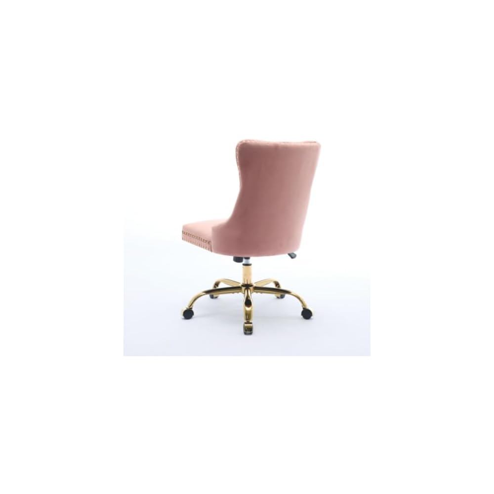 Velvet Home Office Desk Chair with Wheels & Gold Base, Cute Makeup Vanity Chair with Tufted Back for Women Girls, Upholstered Adjustable Swivel Armless Office Chair for Bedroom (Pink)