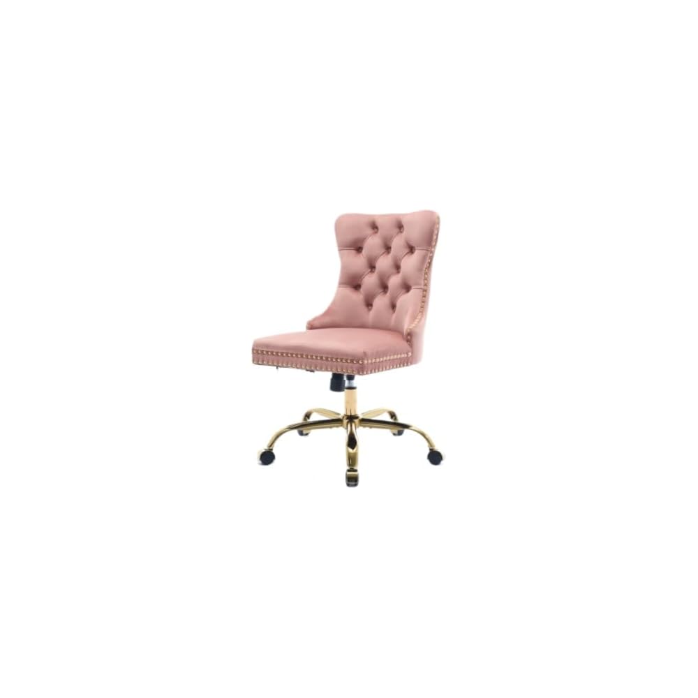 Velvet Home Office Desk Chair with Wheels & Gold Base, Cute Makeup Vanity Chair with Tufted Back for Women Girls, Upholstered Adjustable Swivel Armless Office Chair for Bedroom (Pink)