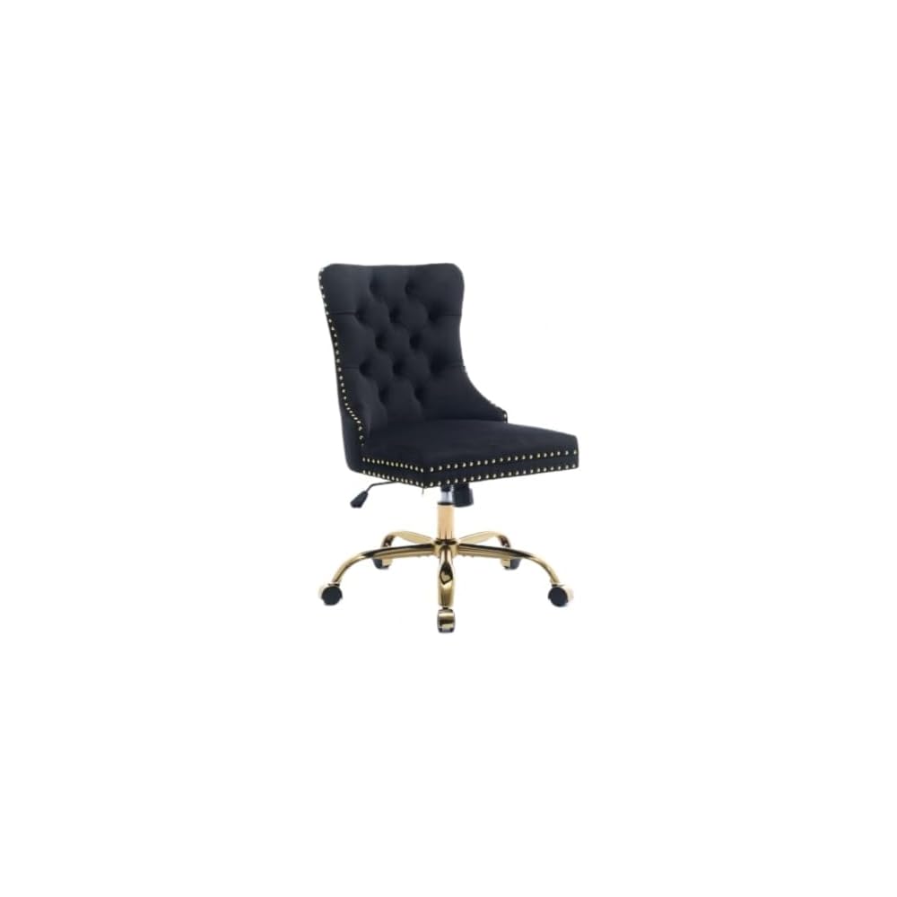 Velvet Home Office Desk Chair with Wheels & Gold Base, Cute Makeup Vanity Chair with Tufted Back for Women Girls, Upholstered Adjustable Swivel Armless Office Chair for Bedroom (Pink)