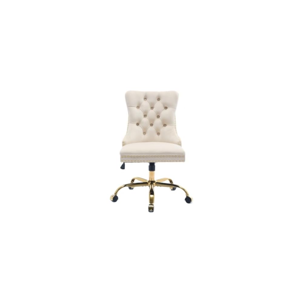 Velvet Home Office Desk Chair with Wheels & Gold Base, Cute Makeup Vanity Chair with Tufted Back for Women Girls, Upholstered Adjustable Swivel Armless Office Chair for Bedroom (Pink)