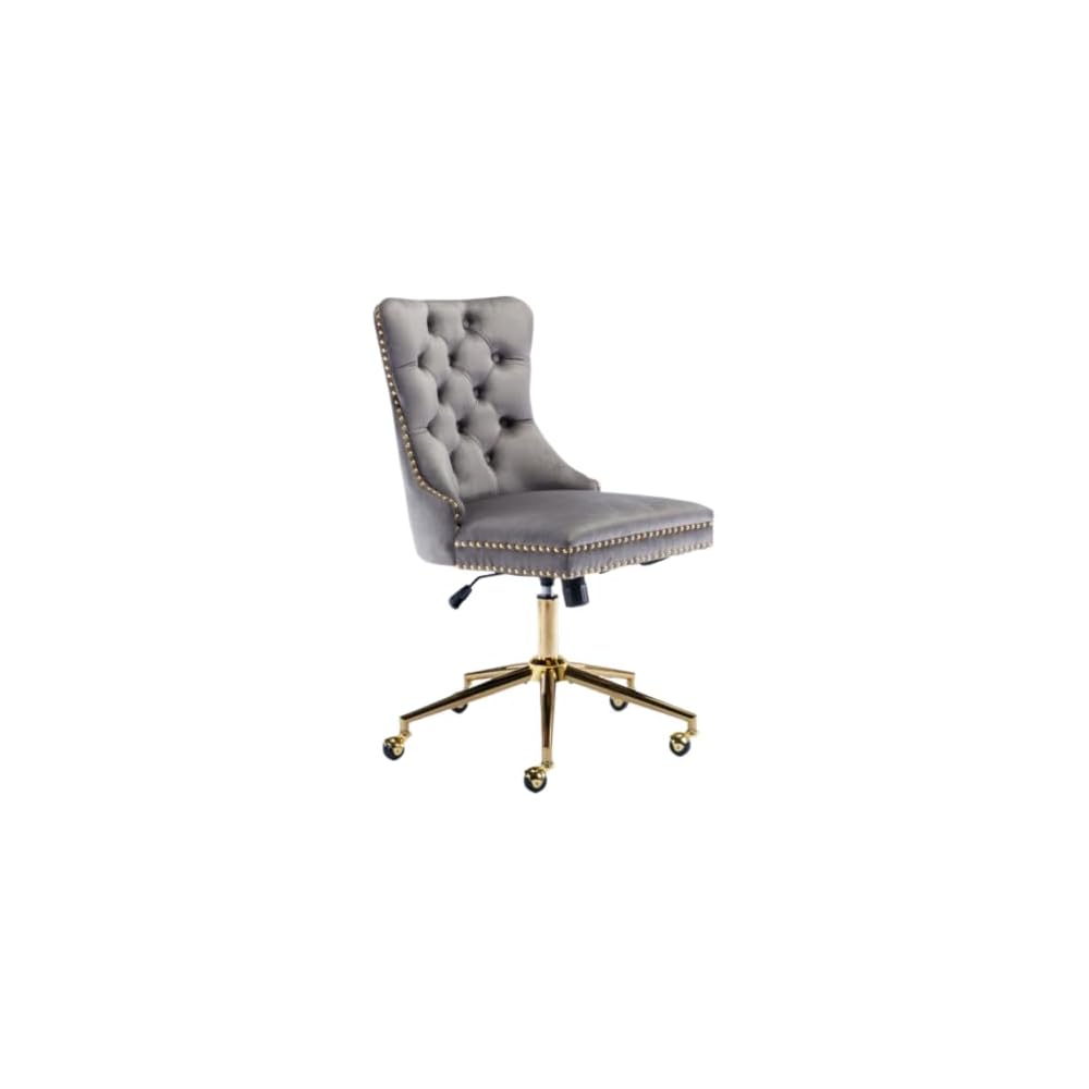 Velvet Home Office Desk Chair with Wheels & Gold Base, Cute Makeup Vanity Chair with Tufted Back for Women Girls, Upholstered Adjustable Swivel Armless Office Chair for Bedroom (Pink)