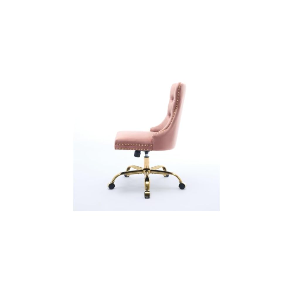 Velvet Home Office Desk Chair with Wheels & Gold Base, Cute Makeup Vanity Chair with Tufted Back for Women Girls, Upholstered Adjustable Swivel Armless Office Chair for Bedroom (Pink)