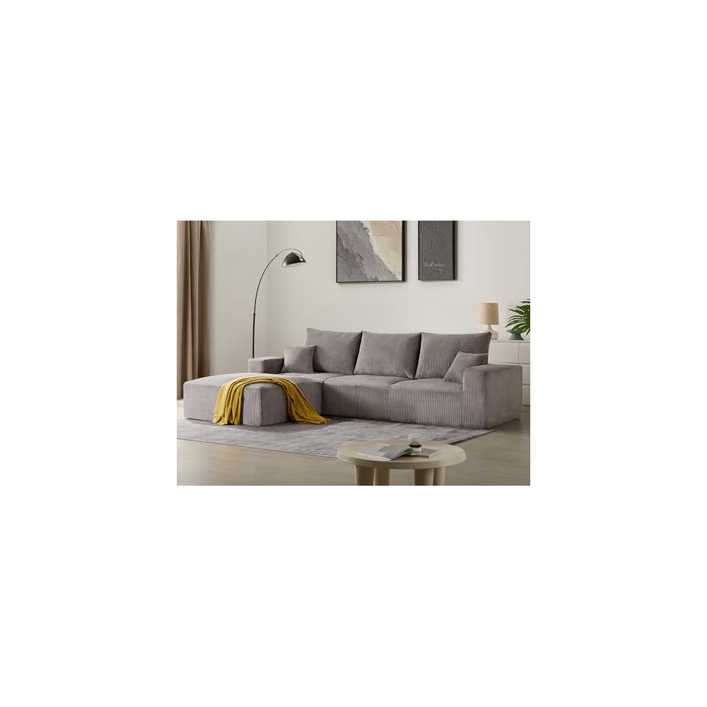 Sectional Cloud Boneless Sofa Couches for Living Room-113'' Gray 3 Seater L-Shaped Modern Lounge Couch-No Assembly Modular Corduroy Convertible Sponge Sleeper Sofas with Chaise for Home House