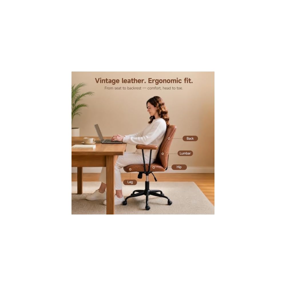 Office Chair, Cross Legged Ergonomic Office Chair with Removable Arms, Home Office Desk Chair with Lumbar Support, 300lbs Faux Leather Swivel Rolling Computer Chair for Work, Gaming, Saddle Brown