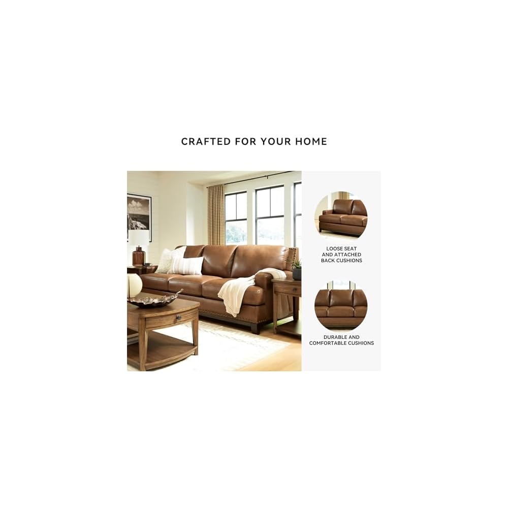 Signature Design by Ashley Leather Couch, 90 in, Amber Brown, Brendola