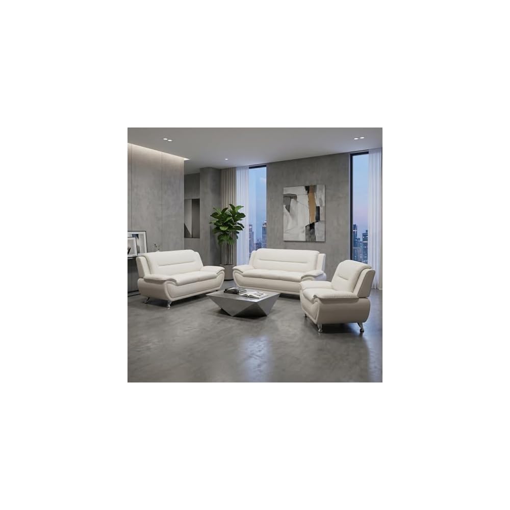 Luxury 3 Piece Faux Leather Sofa Set–Modern Designer Couch,Loveseat & Accent Chair for Living Room, Ergonomic High-Density Comfort,Solid Wood Frame with Metal Legs,Elegant Black (White)