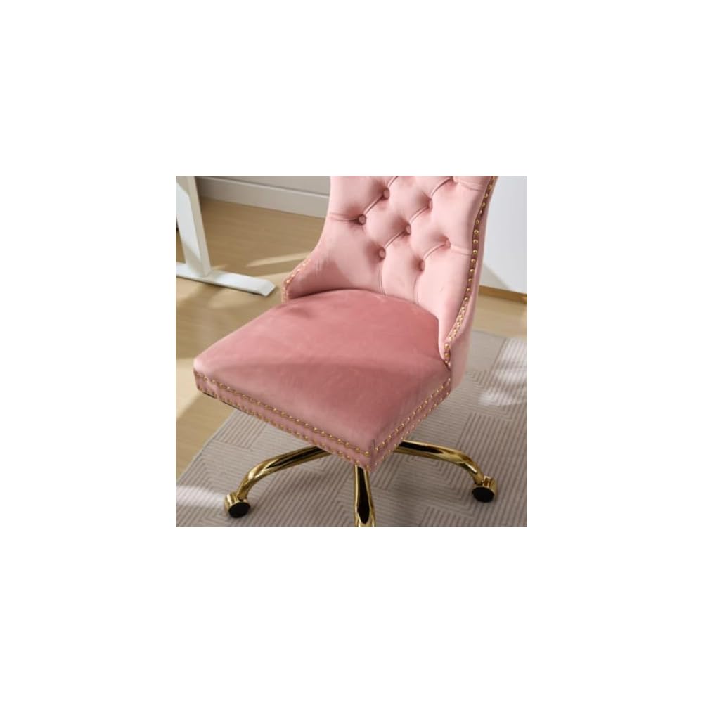 Velvet Home Office Desk Chair with Wheels & Gold Base, Cute Makeup Vanity Chair with Tufted Back for Women Girls, Upholstered Adjustable Swivel Armless Office Chair for Bedroom (Pink)