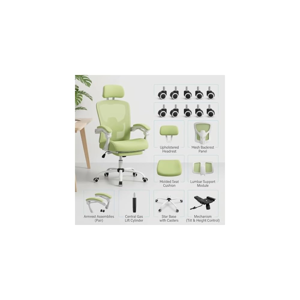 SUMELL Ergonomic Office Chair with Footrest, Breathable Mesh Computer Desk Chair, Elegant Green & White Gaming Chair for Home Office, Study, and Task Work
