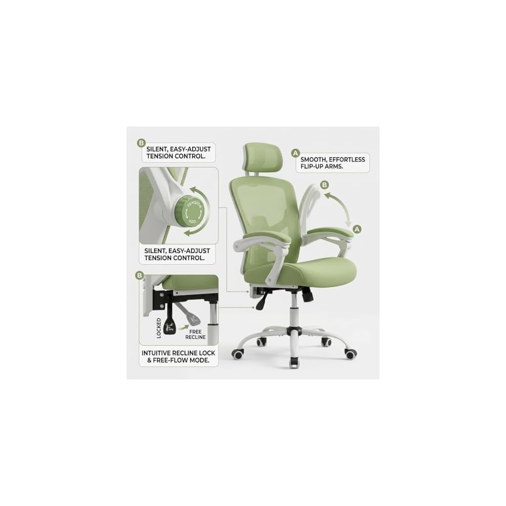 SUMELL Ergonomic Office Chair with Footrest, Breathable Mesh Computer Desk Chair, Elegant Green & White Gaming Chair for Home Office, Study, and Task Work
