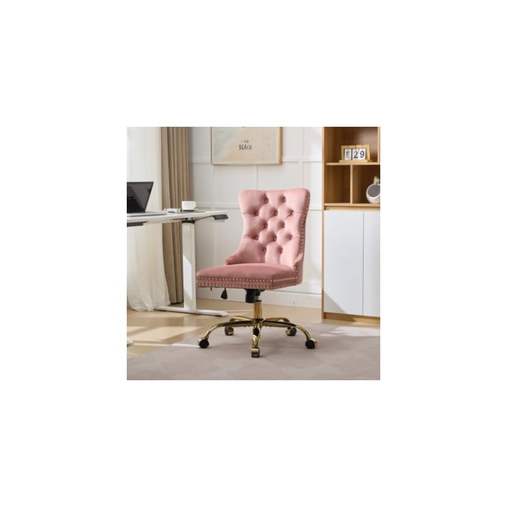 Velvet Home Office Desk Chair with Wheels & Gold Base, Cute Makeup Vanity Chair with Tufted Back for Women Girls, Upholstered Adjustable Swivel Armless Office Chair for Bedroom (Pink)
