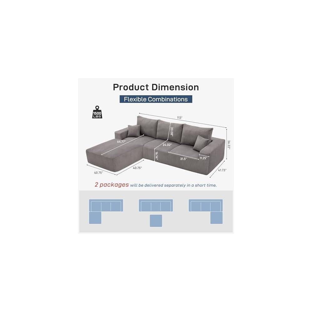 Sectional Cloud Boneless Sofa Couches for Living Room-113'' Gray 3 Seater L-Shaped Modern Lounge Couch-No Assembly Modular Corduroy Convertible Sponge Sleeper Sofas with Chaise for Home House