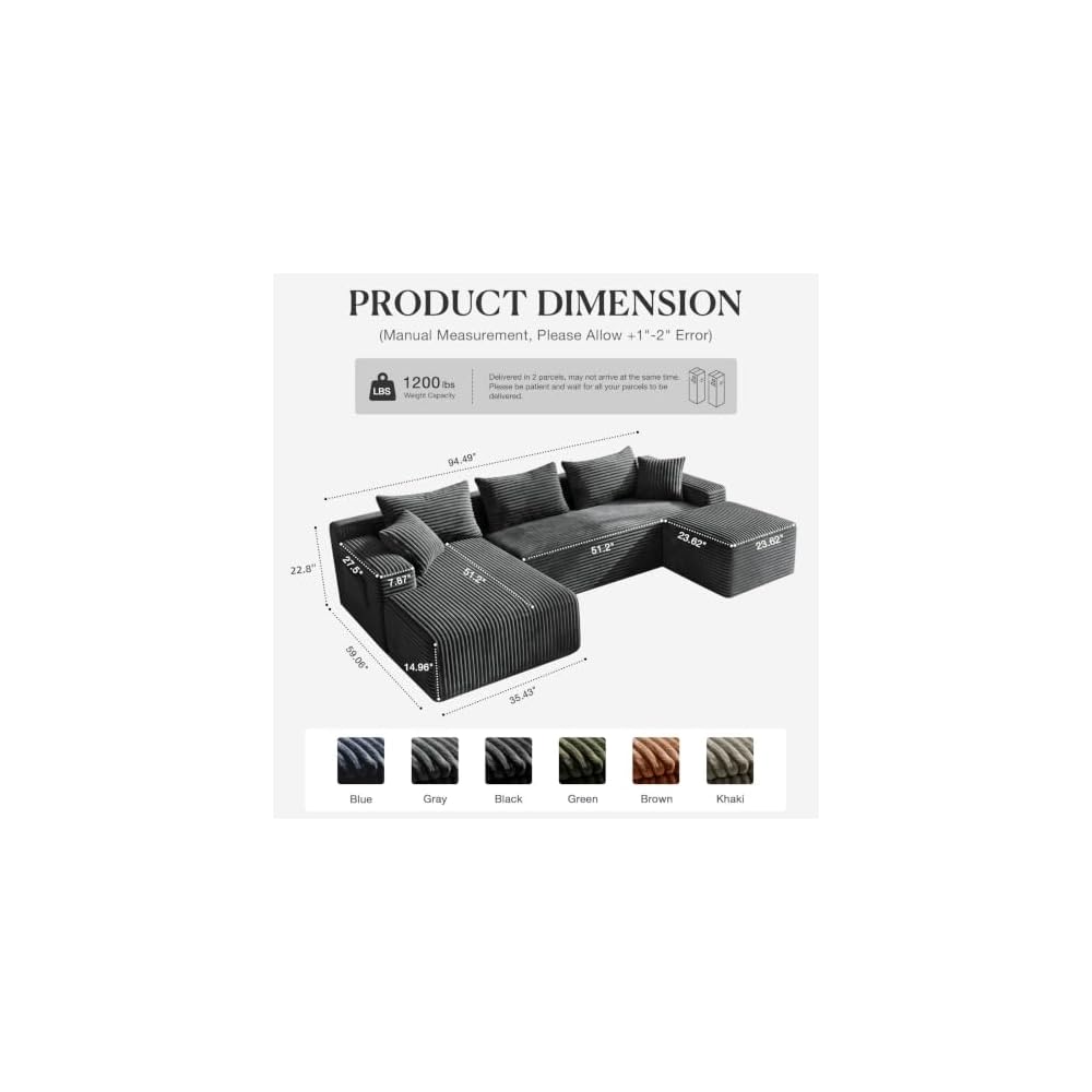 Boneless Couch 95" U-Shaped Sectional Couches with Ottoman, Grey
