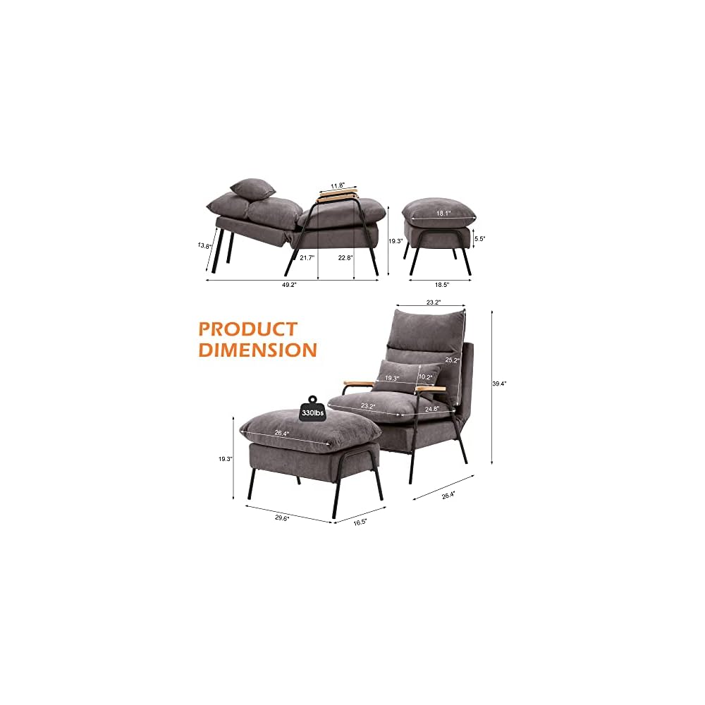 MCombo Accent Recliner Chair with Ottoman, Modern Fabric Armchair, Upholstered Sofa Bed for Living Room Bedroom, Small Space 4055 (Black Frame, Grey)