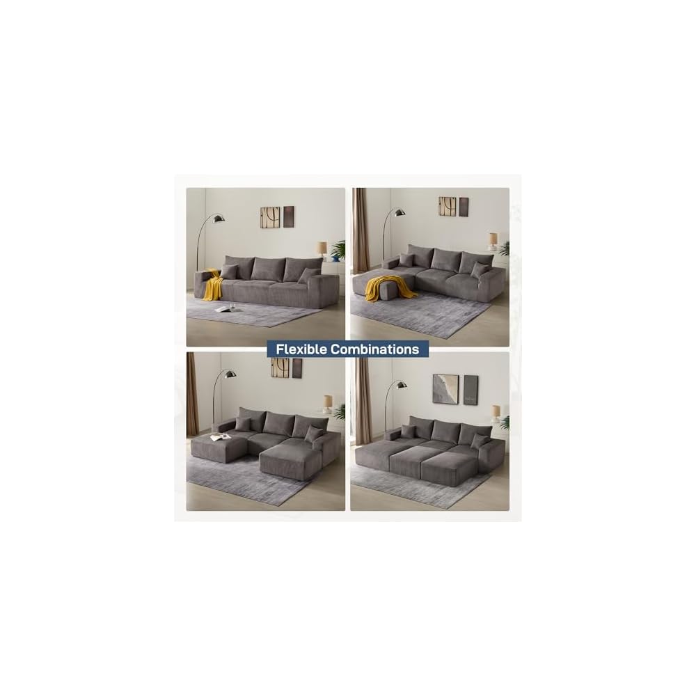 Sectional Cloud Boneless Sofa Couches for Living Room-113'' Gray 3 Seater L-Shaped Modern Lounge Couch-No Assembly Modular Corduroy Convertible Sponge Sleeper Sofas with Chaise for Home House