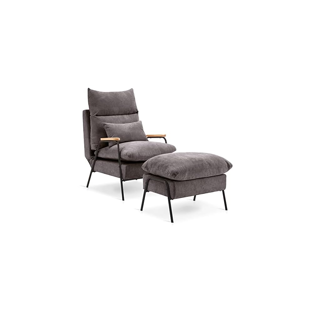 MCombo Accent Recliner Chair with Ottoman, Modern Fabric Armchair, Upholstered Sofa Bed for Living Room Bedroom, Small Space 4055 (Black Frame, Grey)