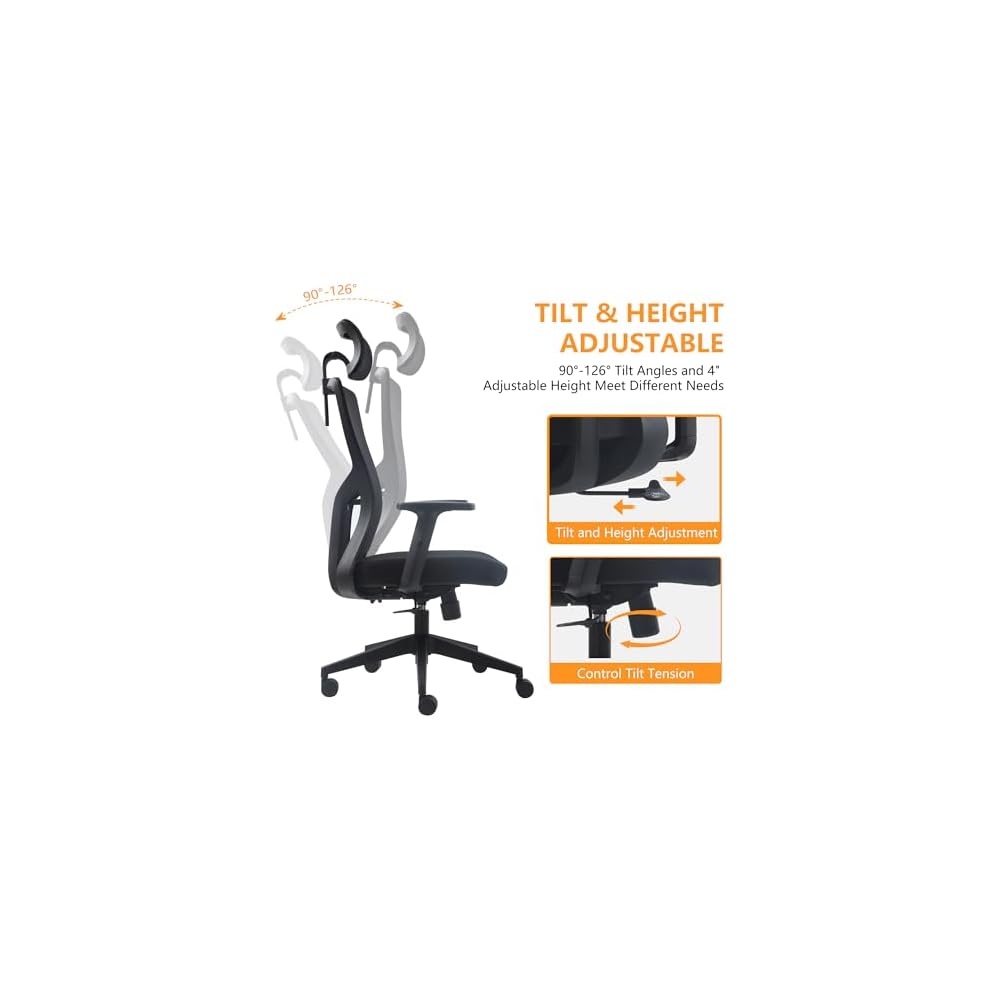 FCD Ergonomic Office Chair Mesh High Back Home Office Desk Chairs with Adjustable Headrest, Lumbar Support, Seat Height, Armrests, Tilted Back Support and Swivel Rolling Casters, Black