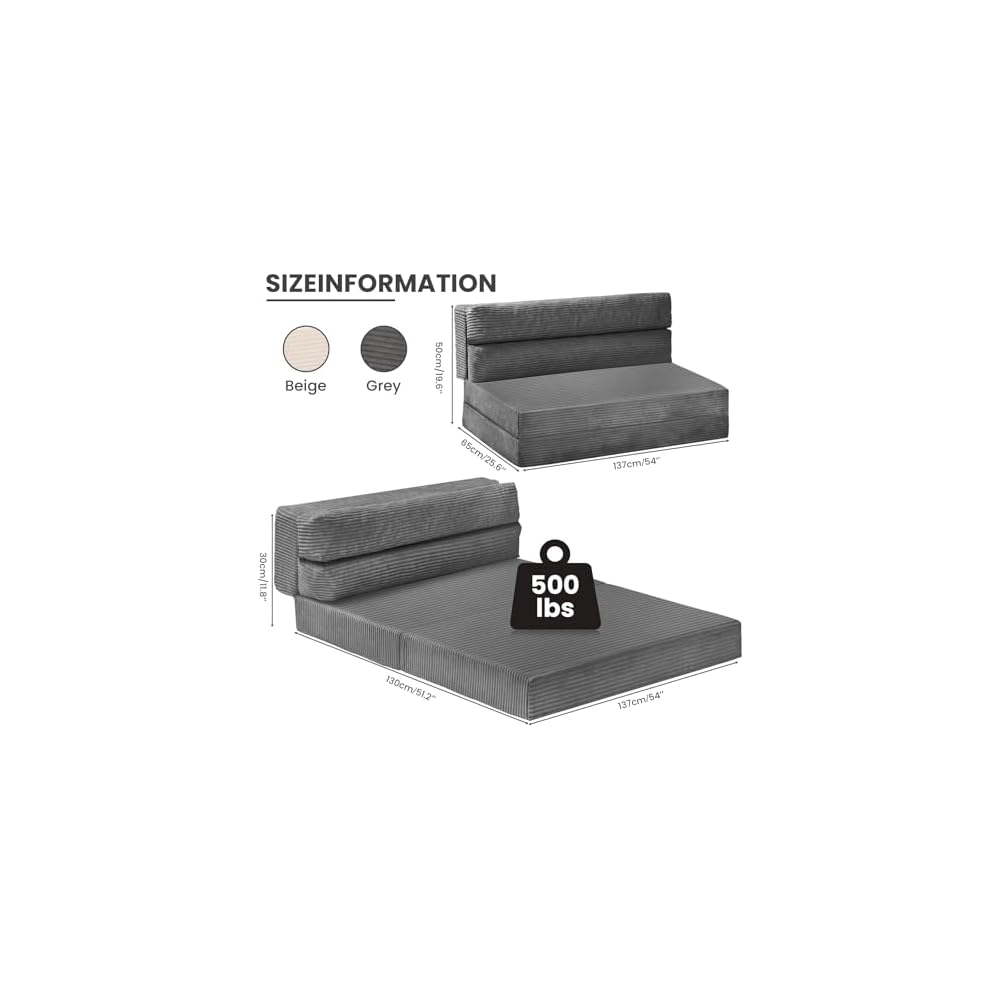JUIKURY Folding Sofa Bed, Convertible Sleeper Chair with Pilow Foldable Matress, 2 in 1 Pull Out Loveseat Sofa Portable Fold Out Chair Bed Floor Couch Lounge for Living Room Bedroom (Grey, Full)