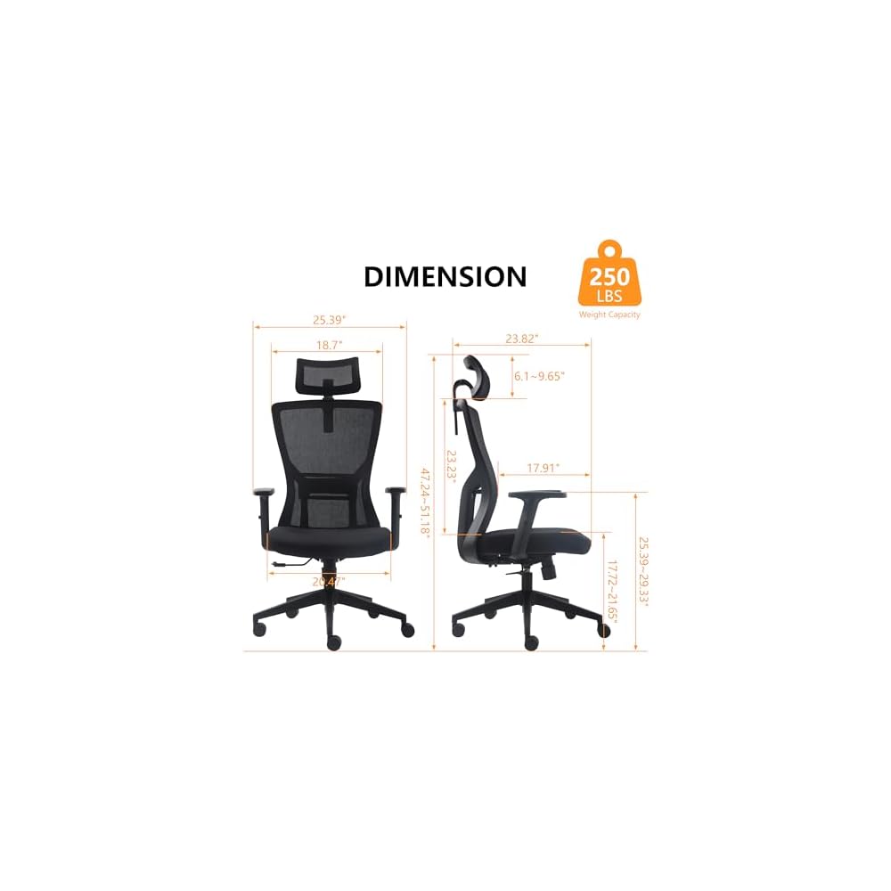 FCD Ergonomic Office Chair Mesh High Back Home Office Desk Chairs with Adjustable Headrest, Lumbar Support, Seat Height, Armrests, Tilted Back Support and Swivel Rolling Casters, Black
