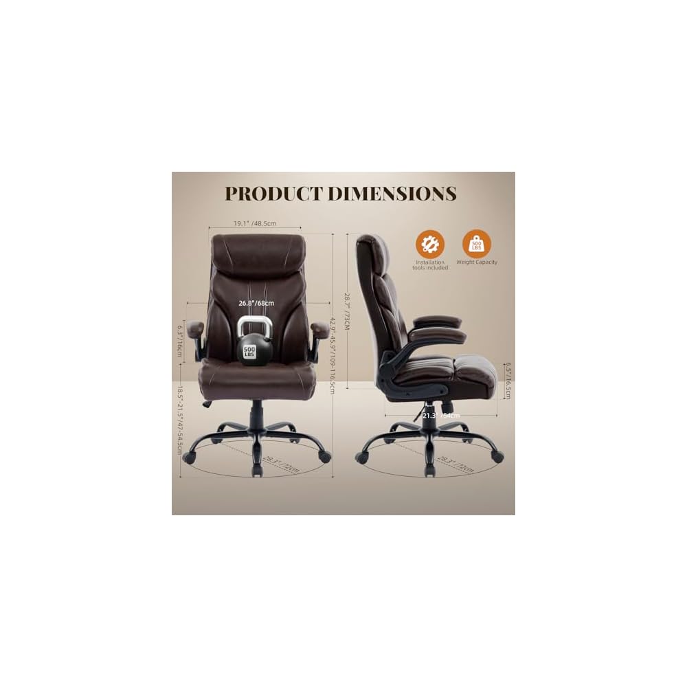 Comfortable Office Desk Chair 500 LBS, Big and Tall Office Chairs with Adjustable Flip-up Armrests,100-118°Recline Executive Leather Gtracing Gaming Chair for Heavy People, Long Hours,Coffee Color