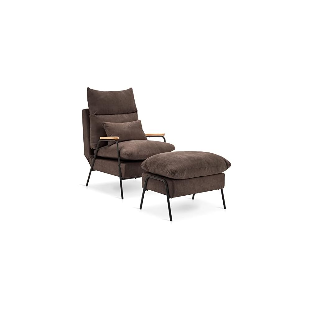 MCombo Accent Recliner Chair with Ottoman, Modern Fabric Armchair, Upholstered Sofa Bed for Living Room Bedroom, Small Space 4055 (Black Frame, Grey)