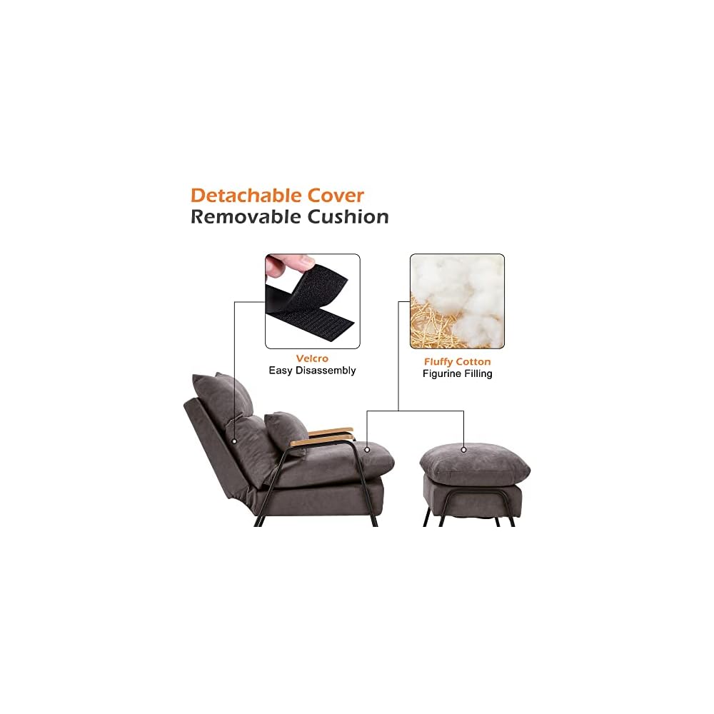 MCombo Accent Recliner Chair with Ottoman, Modern Fabric Armchair, Upholstered Sofa Bed for Living Room Bedroom, Small Space 4055 (Black Frame, Grey)