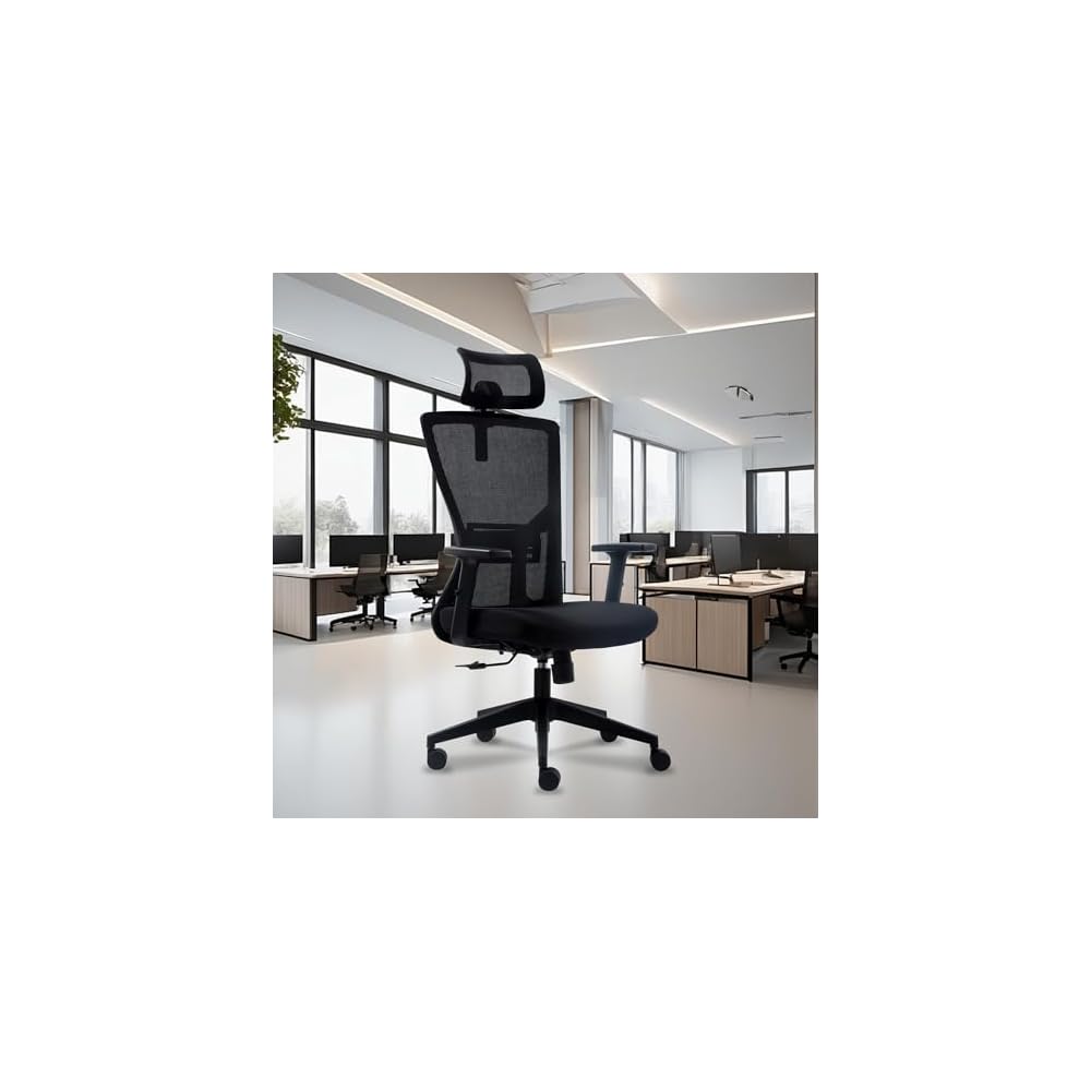 FCD Ergonomic Office Chair Mesh High Back Home Office Desk Chairs with Adjustable Headrest, Lumbar Support, Seat Height, Armrests, Tilted Back Support and Swivel Rolling Casters, Black
