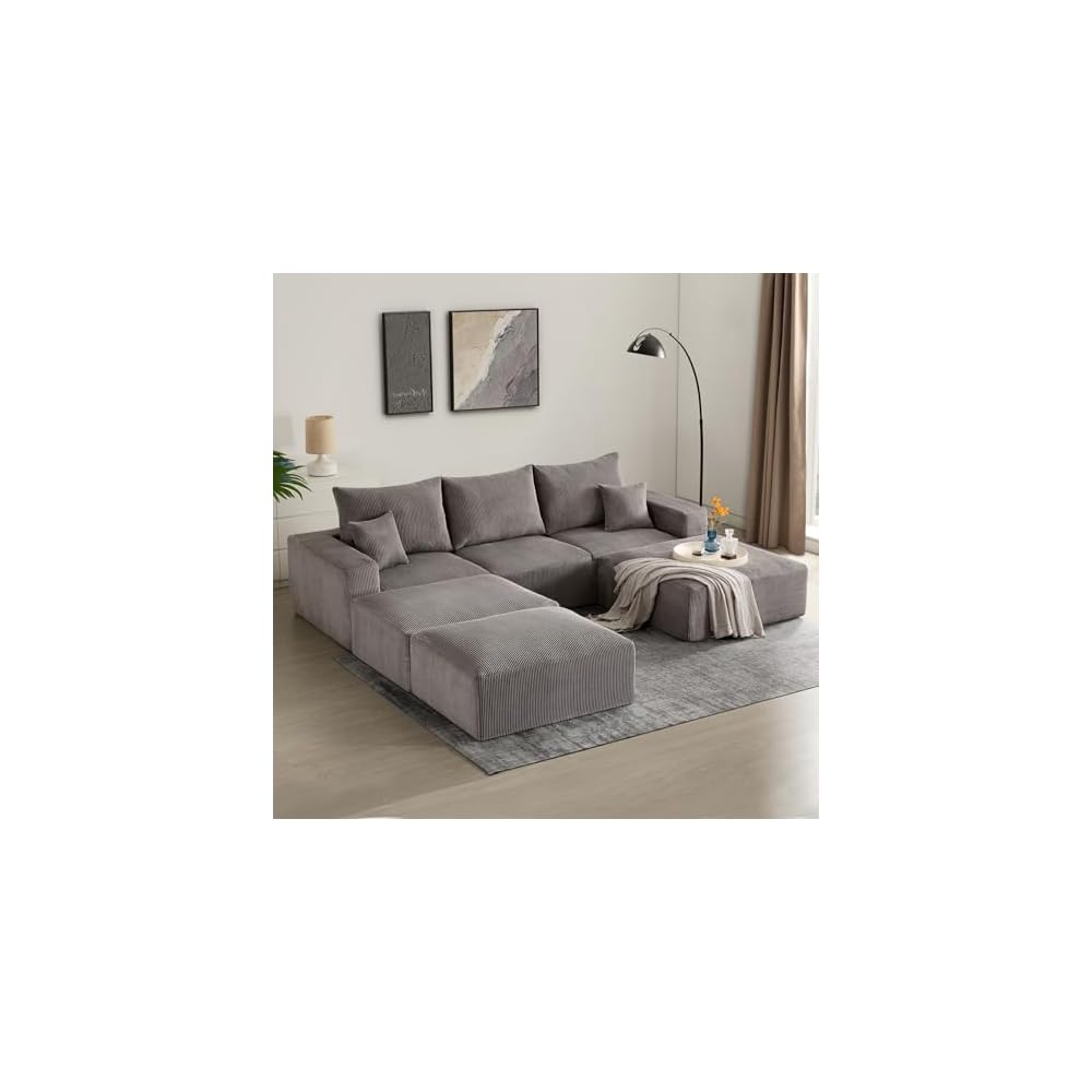 Sectional Cloud Boneless Sofa Couches for Living Room-113'' Gray 3 Seater L-Shaped Modern Lounge Couch-No Assembly Modular Corduroy Convertible Sponge Sleeper Sofas with Chaise for Home House