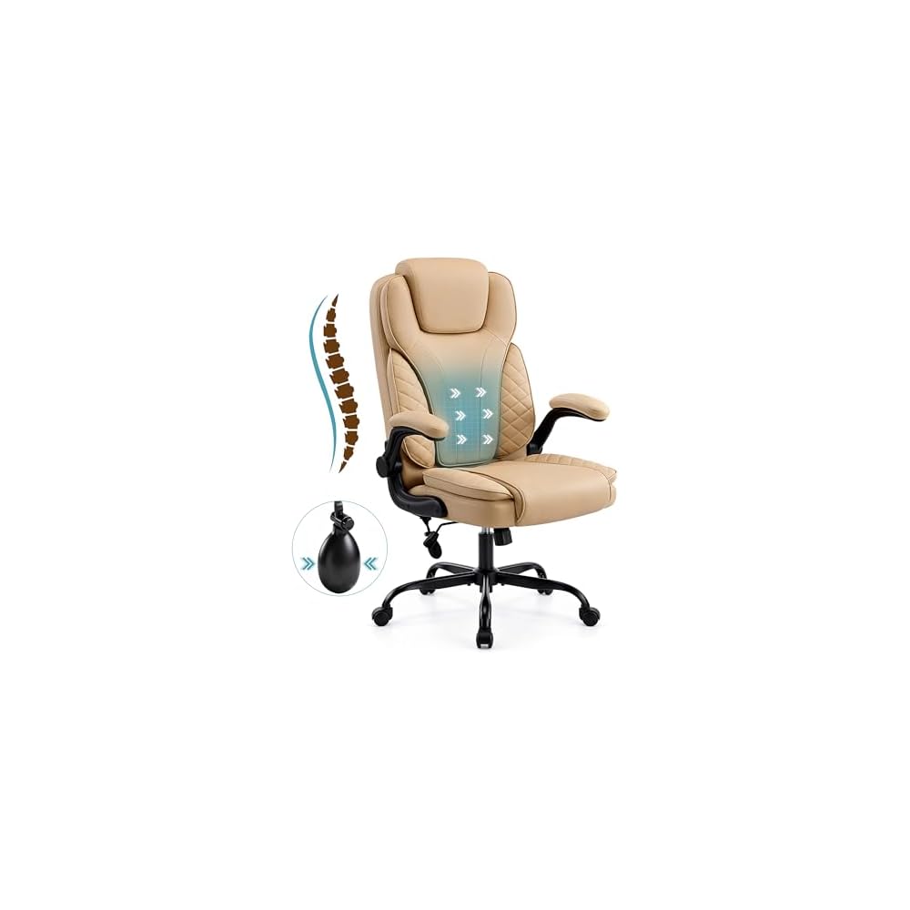 Office Chair, Cross Legged Ergonomic Office Chair with Removable Arms, Home Office Desk Chair with Lumbar Support, 300lbs Faux Leather Swivel Rolling Computer Chair for Work, Gaming, Saddle Brown