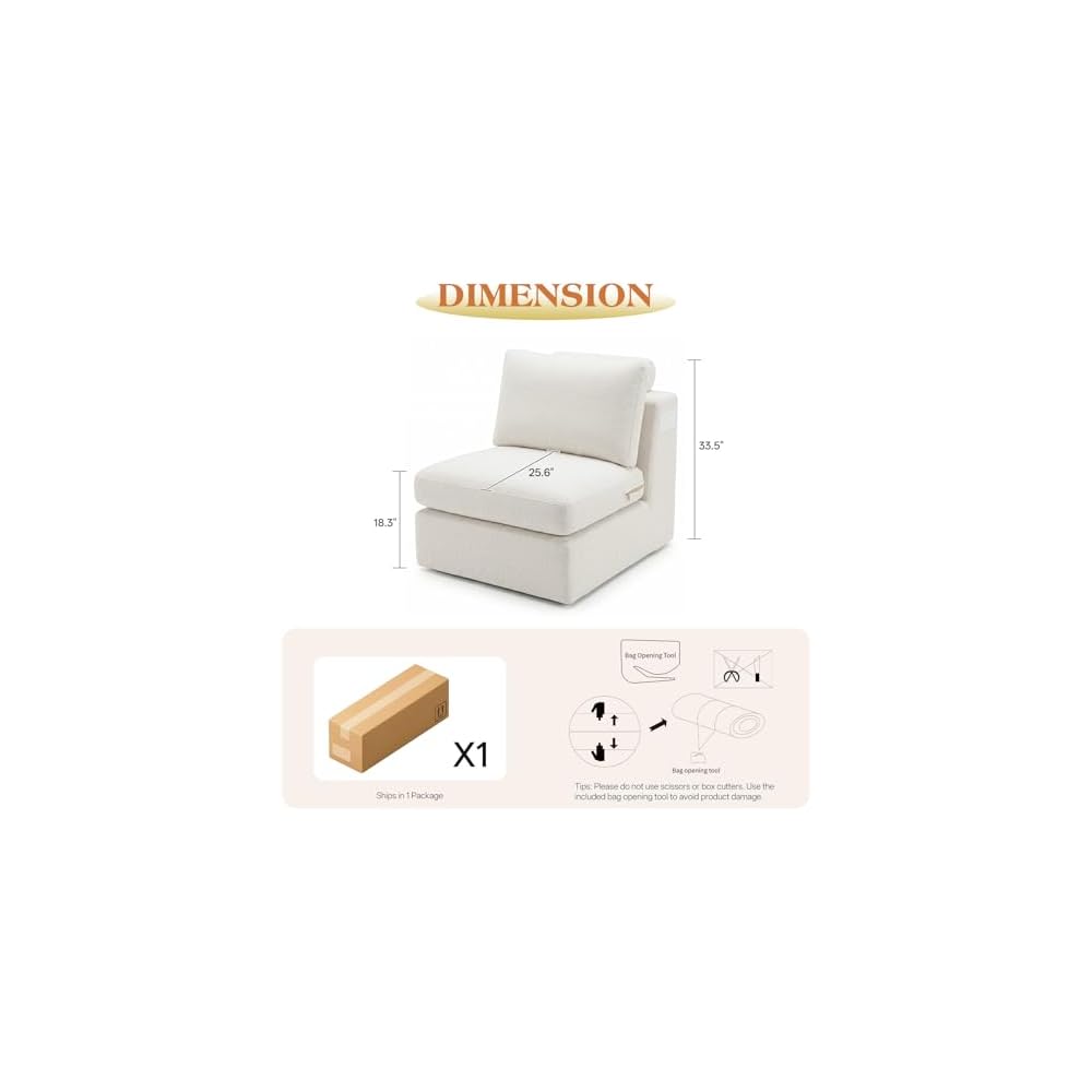 Center Armless Module for Cloud Modular Sectional Sofa with Detachable Comfort Seat Cushion, Convertible Boneless Couch for Living Room, Warm White, Middle Unit for Refurb & Expansion
