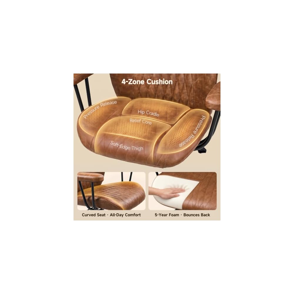 Office Chair, Cross Legged Ergonomic Office Chair with Removable Arms, Home Office Desk Chair with Lumbar Support, 300lbs Faux Leather Swivel Rolling Computer Chair for Work, Gaming, Saddle Brown