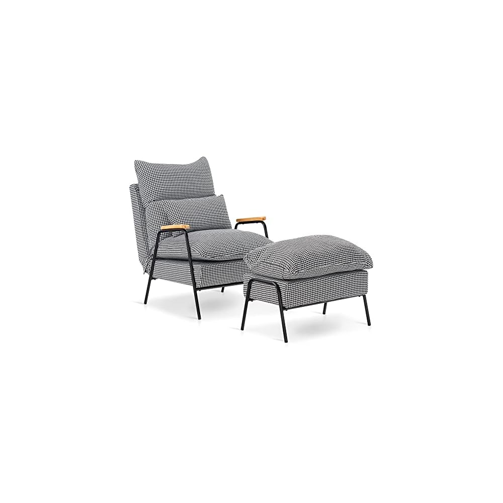 MCombo Accent Recliner Chair with Ottoman, Modern Fabric Armchair, Upholstered Sofa Bed for Living Room Bedroom, Small Space 4055 (Black Frame, Grey)