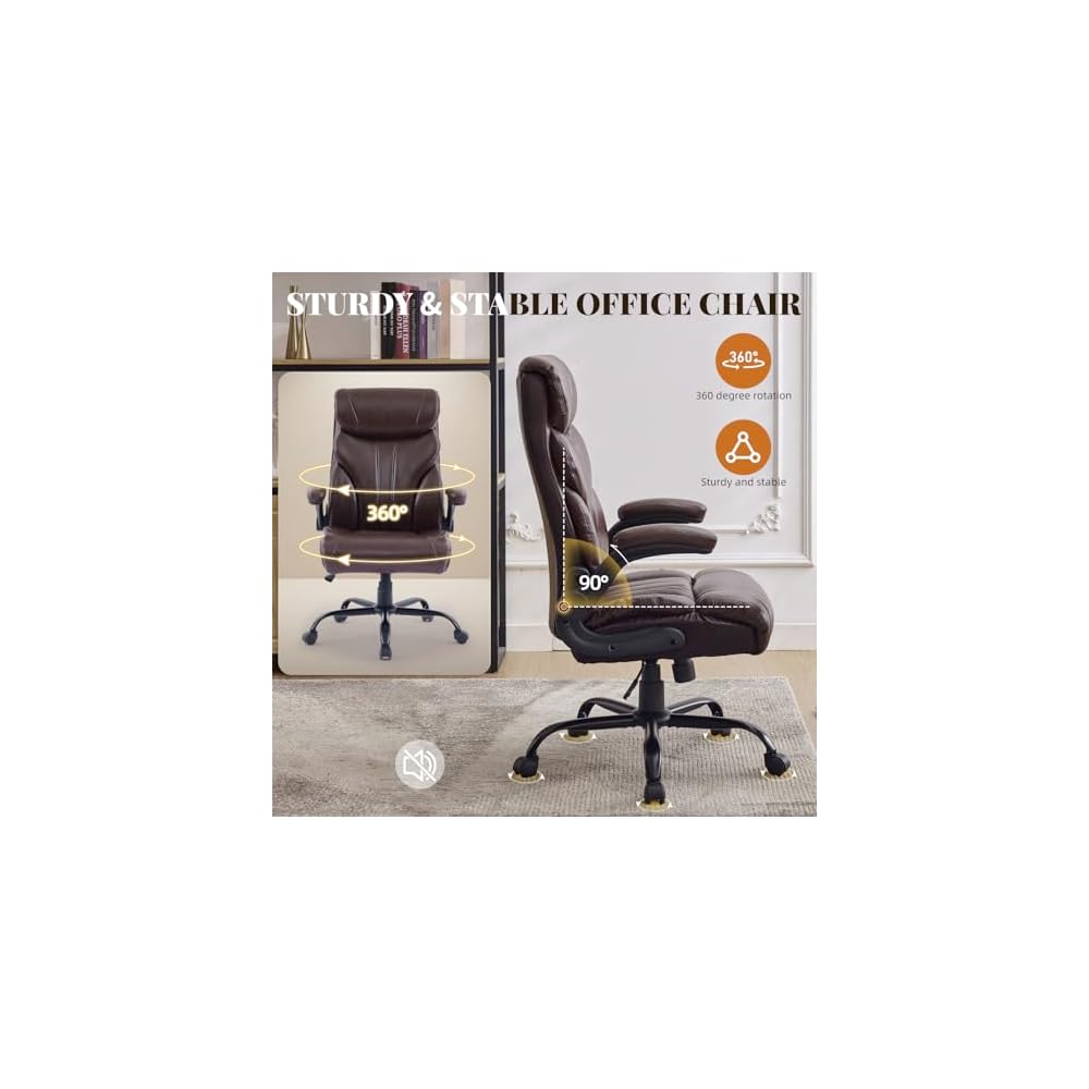 Comfortable Office Desk Chair 500 LBS, Big and Tall Office Chairs with Adjustable Flip-up Armrests,100-118°Recline Executive Leather Gtracing Gaming Chair for Heavy People, Long Hours,Coffee Color