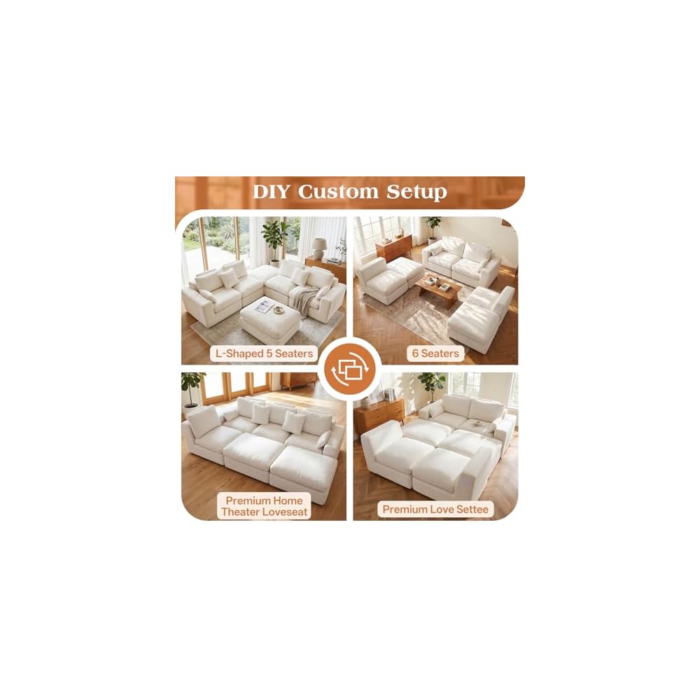 Center Armless Module for Cloud Modular Sectional Sofa with Detachable Comfort Seat Cushion, Convertible Boneless Couch for Living Room, Warm White, Middle Unit for Refurb & Expansion