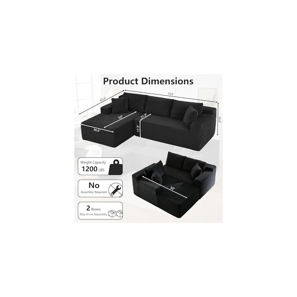 KIVENJAJA 103" Black Boneless Couches for Living Room, L-Shaped Cloud Sectional Sofa with Chaise, Corduroy Foam Compression Modular Set for Apartment Home Office, No Assembly Required