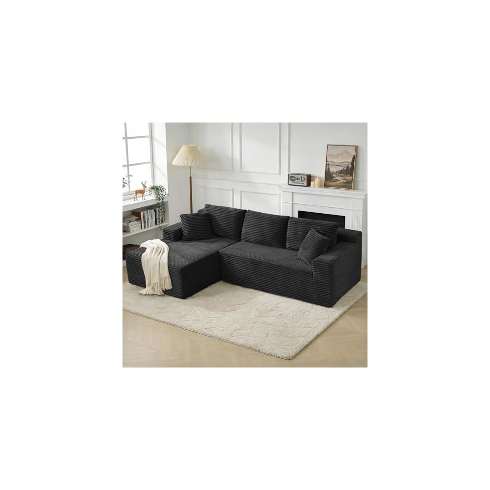 KIVENJAJA 103" Black Boneless Couches for Living Room, L-Shaped Cloud Sectional Sofa with Chaise, Corduroy Foam Compression Modular Set for Apartment Home Office, No Assembly Required