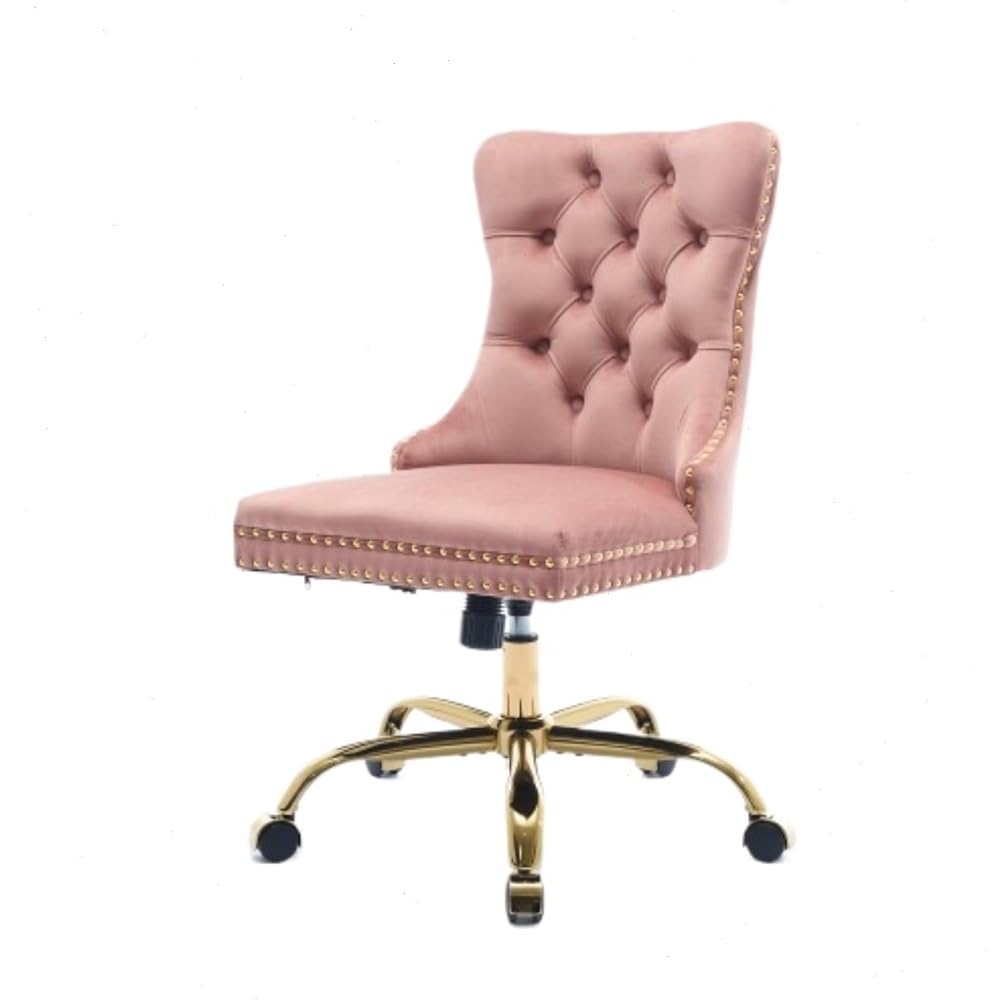 Velvet Home Office Desk Chair with Wheels & Gold Base, Cute Makeup Vanity Chair with Tufted Back for Women Girls, Upholstered Adjustable Swivel Armless Office Chair for Bedroom (Pink)