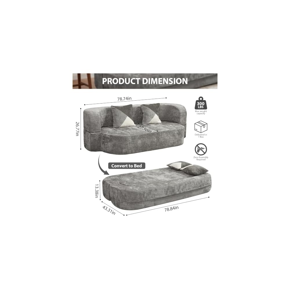 KIVENJAJA 79" Boneless Couch Bed, Convertible Sofa Sleeper, Grey