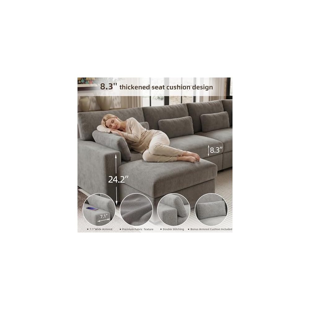 WorthFurni 146.5'' Modular Sectional Sofa,U Shaped Oversized Extra Deep Couches for Living Room, 4-Seat Chenille Couch with Wooden Legs, Movable Ottoman, 2 Arm Pillows and 4 Lumbar Pillows, Gray