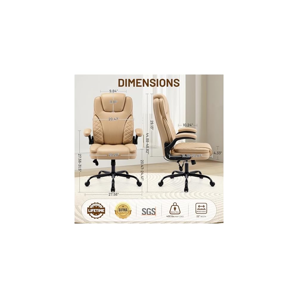 Office Chair, Cross Legged Ergonomic Office Chair with Removable Arms, Home Office Desk Chair with Lumbar Support, 300lbs Faux Leather Swivel Rolling Computer Chair for Work, Gaming, Saddle Brown