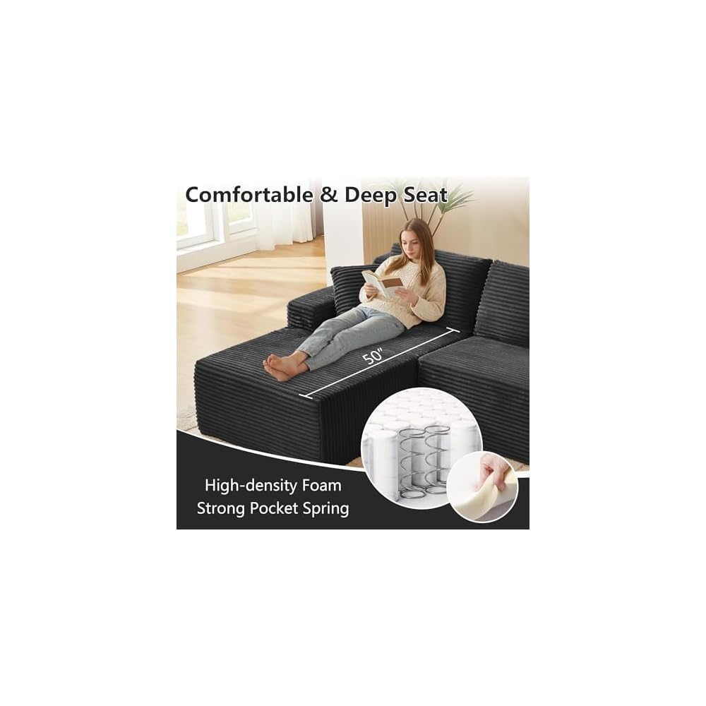 KIVENJAJA 103" Black Boneless Couches for Living Room, L-Shaped Cloud Sectional Sofa with Chaise, Corduroy Foam Compression Modular Set for Apartment Home Office, No Assembly Required