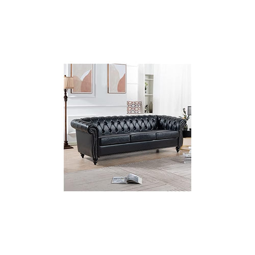 Chesterfield PU Leather Sofa, Upholstered PU Sofa with Tufted Back, Classic 3 Seater Leather Couch Rolled Arm for Living Room Office, Black