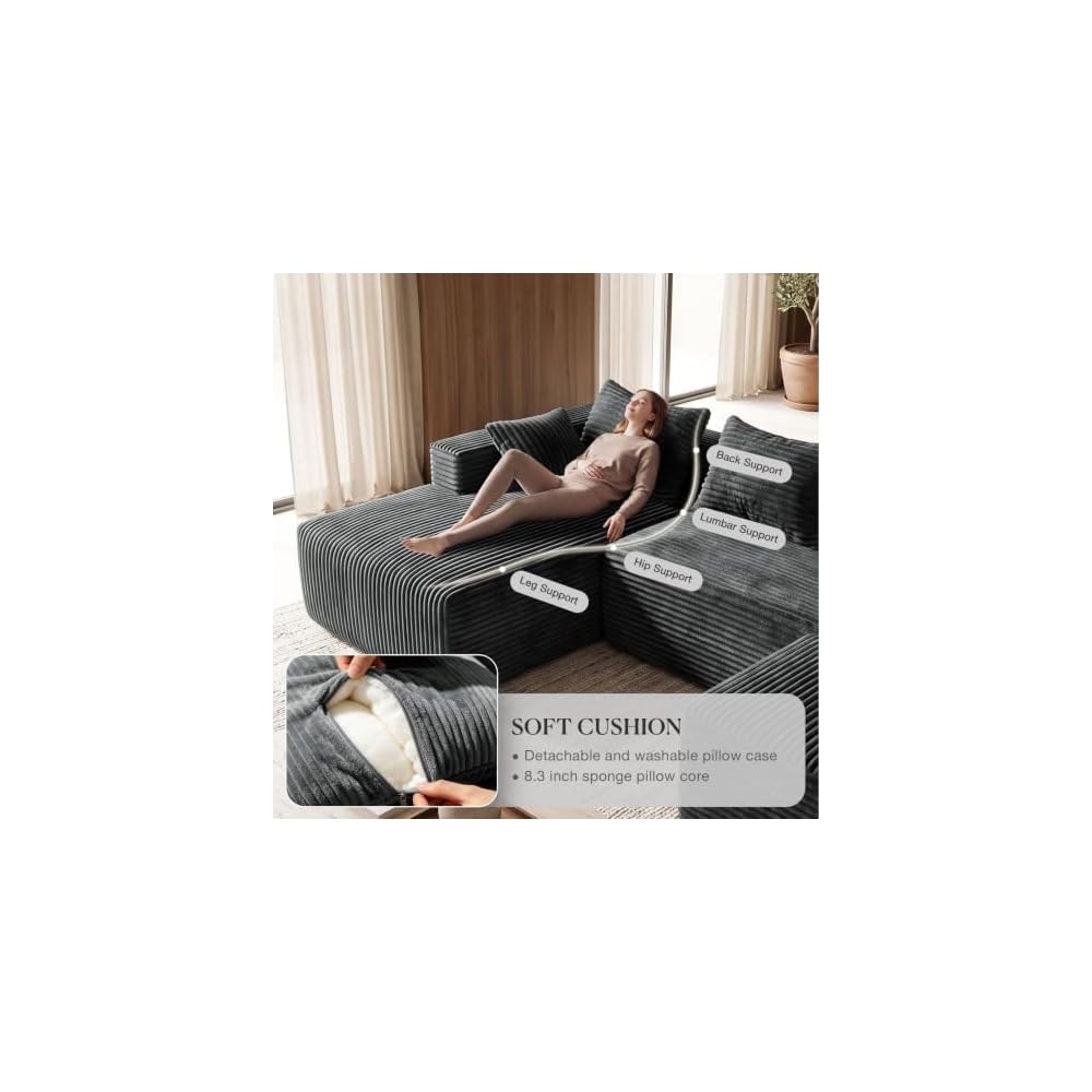 Boneless Couch 95" U-Shaped Sectional Couches with Ottoman, Grey