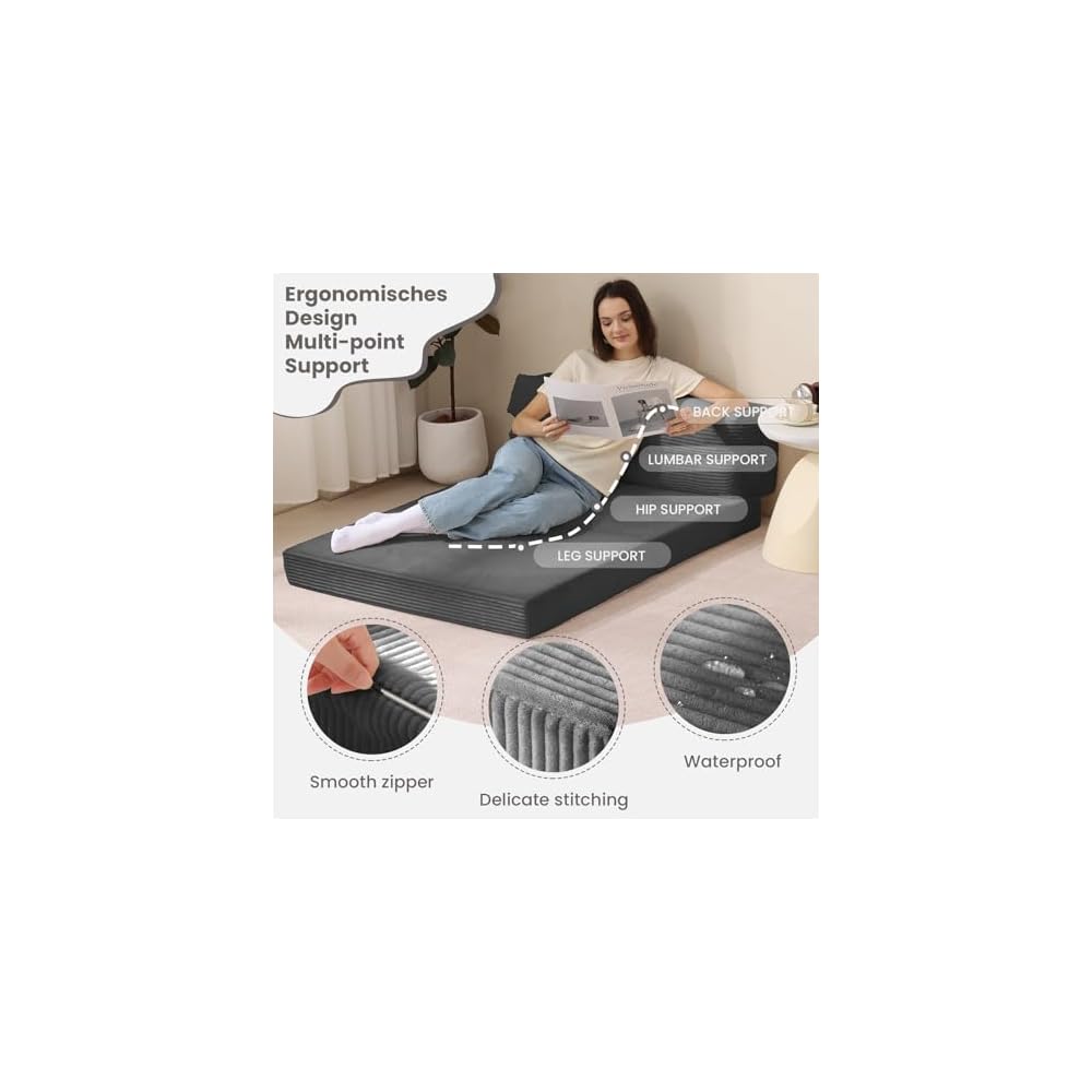 JUIKURY Folding Sofa Bed, Convertible Sleeper Chair with Pilow Foldable Matress, 2 in 1 Pull Out Loveseat Sofa Portable Fold Out Chair Bed Floor Couch Lounge for Living Room Bedroom (Grey, Full)