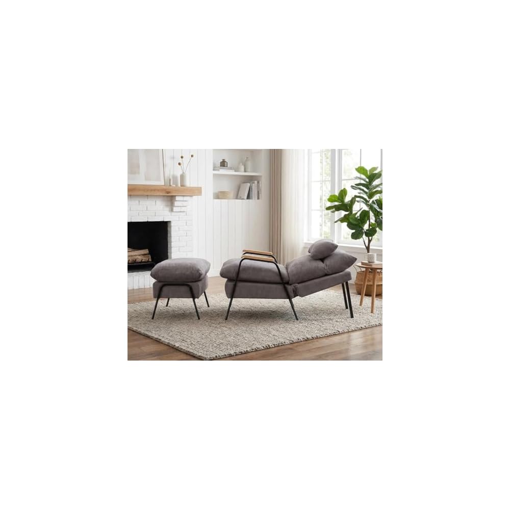 MCombo Accent Recliner Chair with Ottoman, Modern Fabric Armchair, Upholstered Sofa Bed for Living Room Bedroom, Small Space 4055 (Black Frame, Grey)