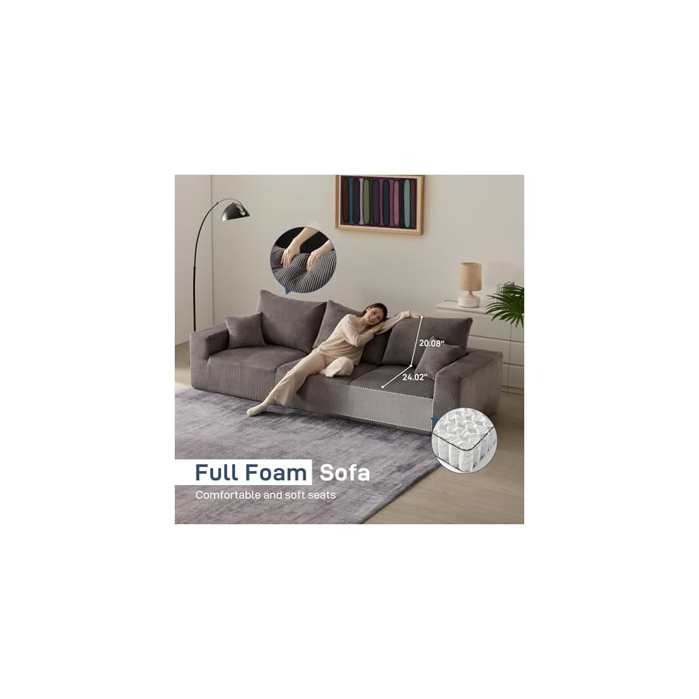 Sectional Cloud Boneless Sofa Couches for Living Room-113'' Gray 3 Seater L-Shaped Modern Lounge Couch-No Assembly Modular Corduroy Convertible Sponge Sleeper Sofas with Chaise for Home House