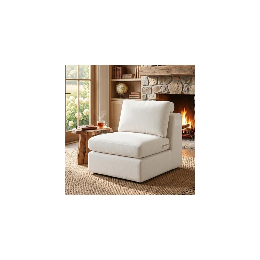 Center Armless Module for Cloud Modular Sectional Sofa with Detachable Comfort Seat Cushion, Convertible Boneless Couch for Living Room, Warm White, Middle Unit for Refurb & Expansion