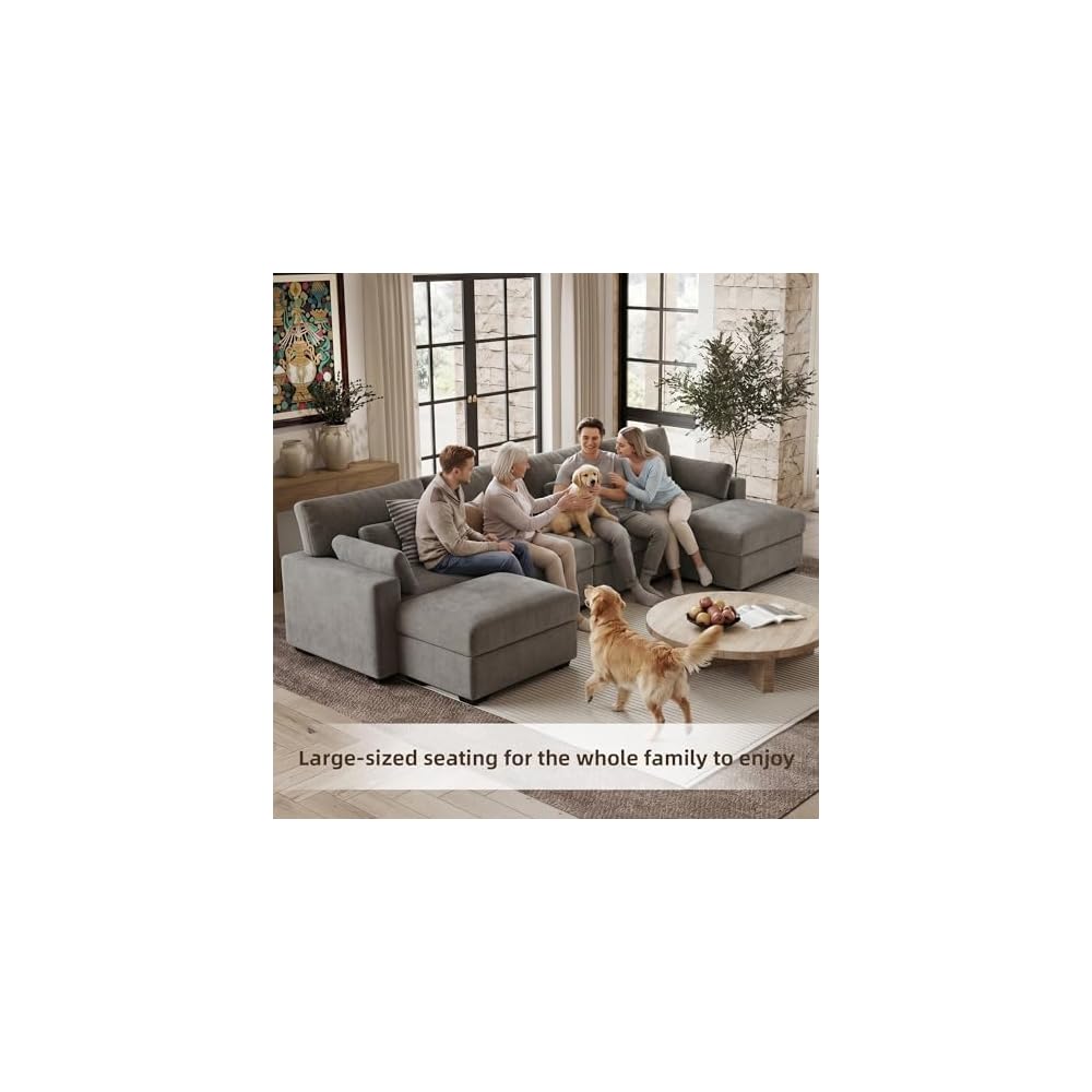 WorthFurni 146.5'' Modular Sectional Sofa,U Shaped Oversized Extra Deep Couches for Living Room, 4-Seat Chenille Couch with Wooden Legs, Movable Ottoman, 2 Arm Pillows and 4 Lumbar Pillows, Gray