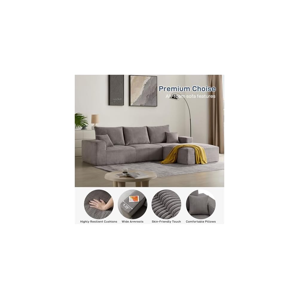 Sectional Cloud Boneless Sofa Couches for Living Room-113'' Gray 3 Seater L-Shaped Modern Lounge Couch-No Assembly Modular Corduroy Convertible Sponge Sleeper Sofas with Chaise for Home House